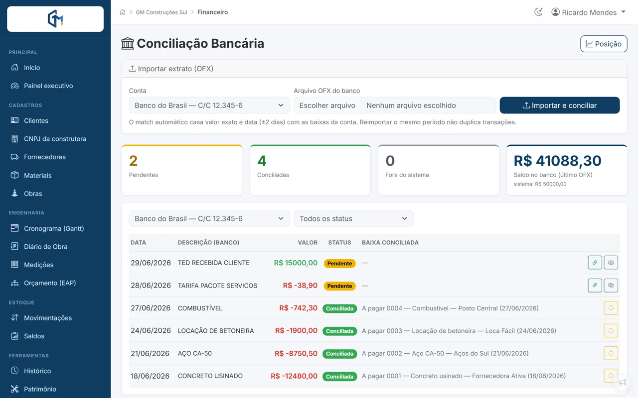 Conciliação bancária por importação de extrato OFX